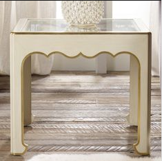 Glass Top French End Table Pair in Vanilla Bean With Gold Detail/ Modern History - Retail $4,600.00